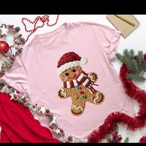 Gildan Pink Short Sleeve Tee with Gingerbread Design
